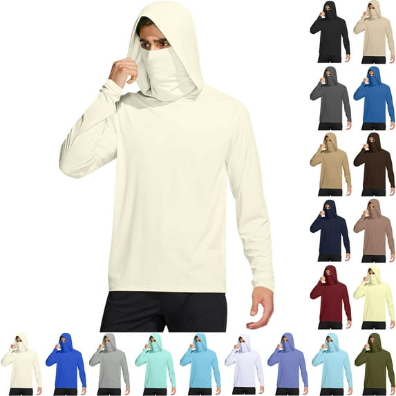 Bmawag Men's Sun Protection Shirts Summer Casual Loose UFP50+ Sun Protective Lightweight Outdoor Hiking Solid Color Long Sleeve Plus Size Blouse Tops with Mask Hooded Gift for Men XL