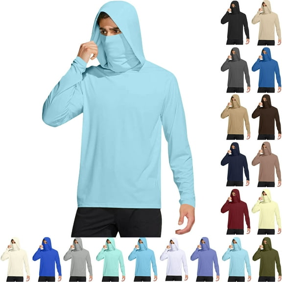 Bmawag Men's Sun Protection Shirts Summer Casual Loose UFP50+ Sun Protective Lightweight Outdoor Hiking Solid Color Long Sleeve Plus Size Blouse Tops with Mask Hooded Gift for Men Light Blue XL