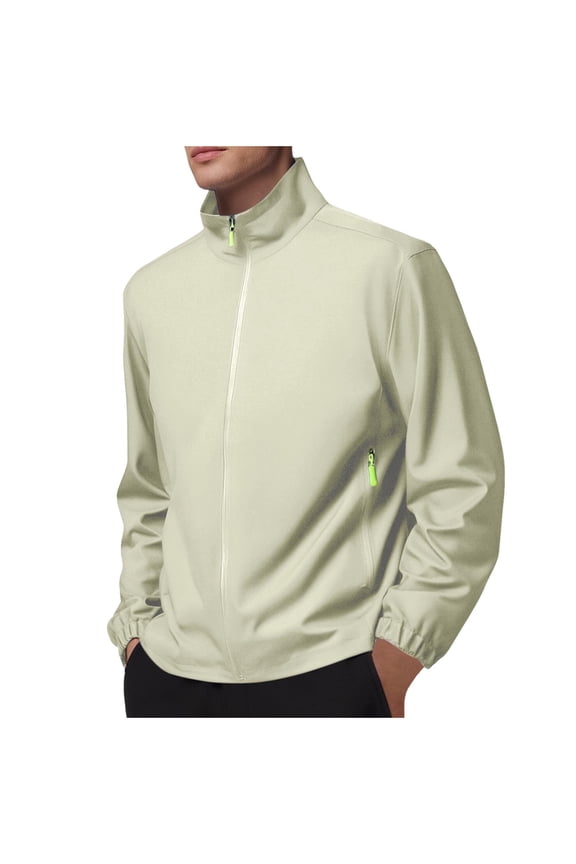 Men's Windproof Jacket Zipper Pockets Rain Jacket Outerwear Mens Big and Tall Multifunctional Windbreaker for Sport Outdoor Hiking Gift for Men Beige S