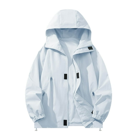 Bmawag Men's Windproof Waterproof Jacket with Hoodies Big and Tall Men's Solid Color Workwear Jackets Raincoats Windbreakers with Pockets for Sport Outdoor Hiking Gift for Men Sky Blue 3XL