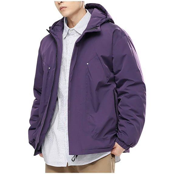 Bmawag Mens Outdoor Jacket with Hoodies Waterproof Windproof Fleece Lined Big and Tall Men's Solid Color Raincoats Windbreakers with Pockets for Sport Outdoor Hiking Gift for Men Purple S