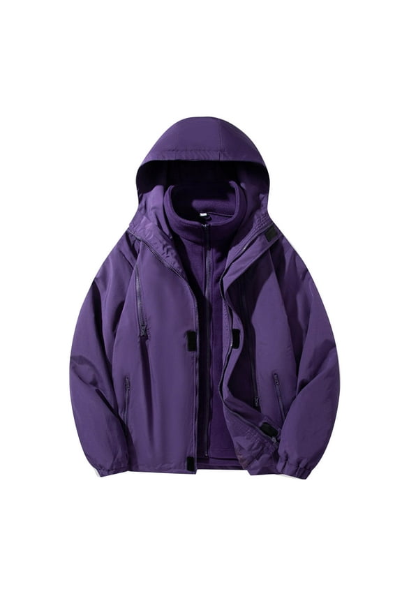 Outdoor Detachable Inner Jacket for Men Hooded Waterproof Windproof Big and Tall Men's Solid Color Raincoats Windbreakers with Pockets for Sport Outdoor Hiking Gift for Men Purple M