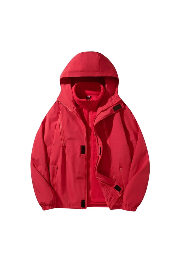 Outdoor Detachable Inner Jacket for Men Hooded Waterproof Windproof Big and Tall Men's Solid Color Raincoats Windbreakers with Pockets for Sport Outdoor Hiking Gift for Men Red 5XL