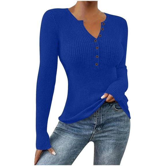 Bmawag Spring Blouses for Women 2025 Long Sleeve V-Neck Solid Color Button Up Pullover Shirts Women's Fashionable Dressy Casual Loose Shirts Gifts for Women Blue S