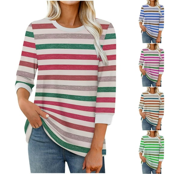 Bmawag Spring Tops for Women Plus Size 3/4 Sleeves Crew Neck Striped Lightweight Tops Blouses Women 's Trendy Casual Loose Shirts Blouses Hot Pink XL
