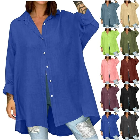 Bmawag Spring Tops for Women Plus Size Long Sleeve Turndown Collar Solid Color Lightweight Tops Blouses Women 's Trendy Casual Loose Fitness T-Shirts Purple XXL