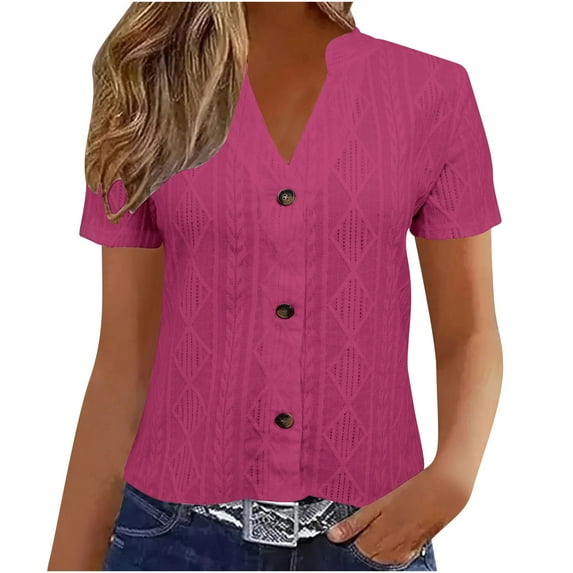 Bmawag Spring Tops for Women Short Sleeve V-Neck Solid Color Plus Size Open Front Cardigan Pullover Blouses Women's Fashionable Dressy Casual Loose Shirts Gifts for Women Hot Pink S