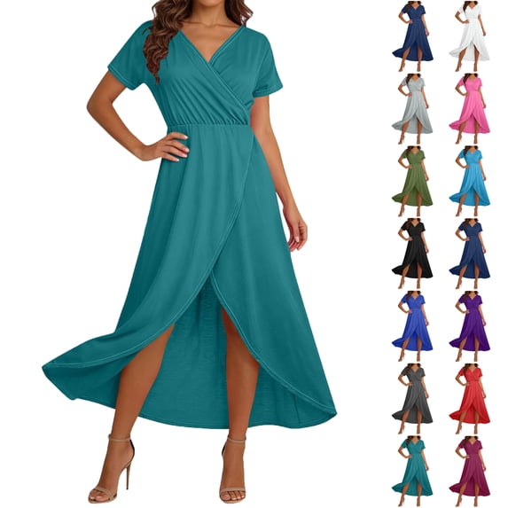 Bmawag Summer Dresses for Women Casual Plus Size V-Neck Solid Color Beach Sundress Short Sleeve Boho Swing Maxi Dress with High Slit