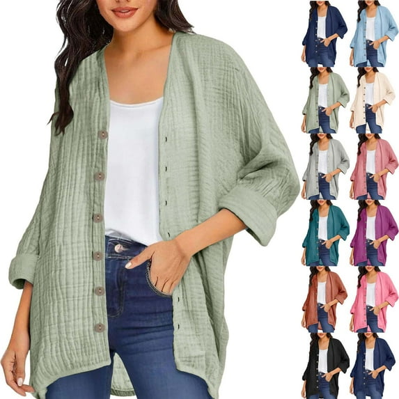 Bmawag Summer Lightweight Cardigan for Women Fashion Casual Loose Solid Color Button Long Sleeve Shirts Cardigan Tops for Women Light Blue L