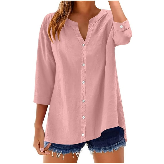 Bmawag Summer Tops for Women 3/4 Sleeve V-Neck Solid Color Plus Size Turndown Collar Pullover Blouses Women's Fashionable Dressy Casual Loose Shirts Gifts for Women Pink L