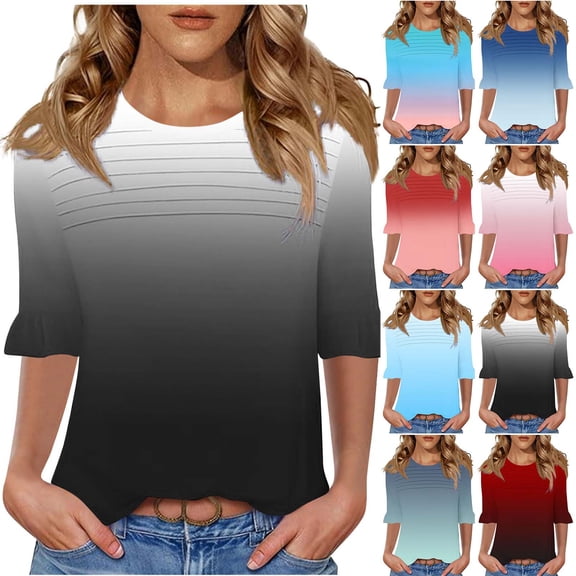 Bmawag Summer Tops for Women Plus Size Short Sleeve Crew Neck Gradient Lightweight Tops Blouses Women's Spring Summer Casual Comfortable Shirts Navy S