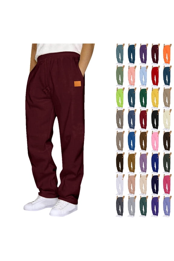 Sweapants for Men with Pockets Outdoor Running Jogger Pants Elastic Waist Drawstring Workout Straight Leg Casual Solid Color Sweatpants Wine S