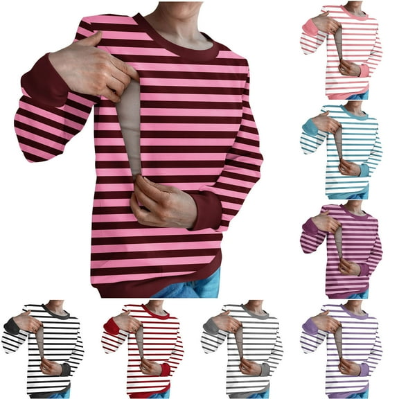 Bmawag Sweatshirt for Women Plus Size Long Sleeve Crew Neck Striped Women's Winter Zipper Nursing Hoodie Top/Shirts Gray M