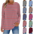 thumbnail image 1 of Bmawag Women Blouses Plus Size Long Sleeve Crew Neck Striped Lightweight Tops Blouses Women's Casual Fashion Loose Beach Vacation Leisure Loungewear Blue M, 1 of 6