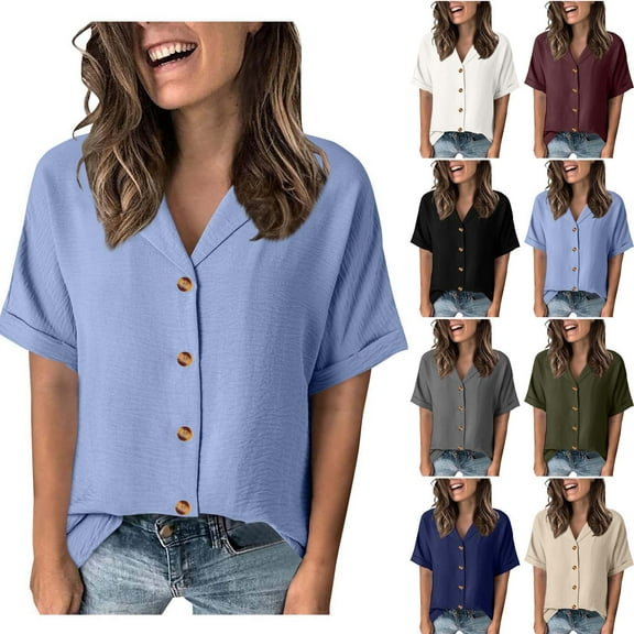 Bmawag Women Blouses Plus Size Short Sleeve Turndown Collar Solid Color Lightweight Tops Blouses Women Casual Fashion Loose Sweatshirt Tops with Pocket White L