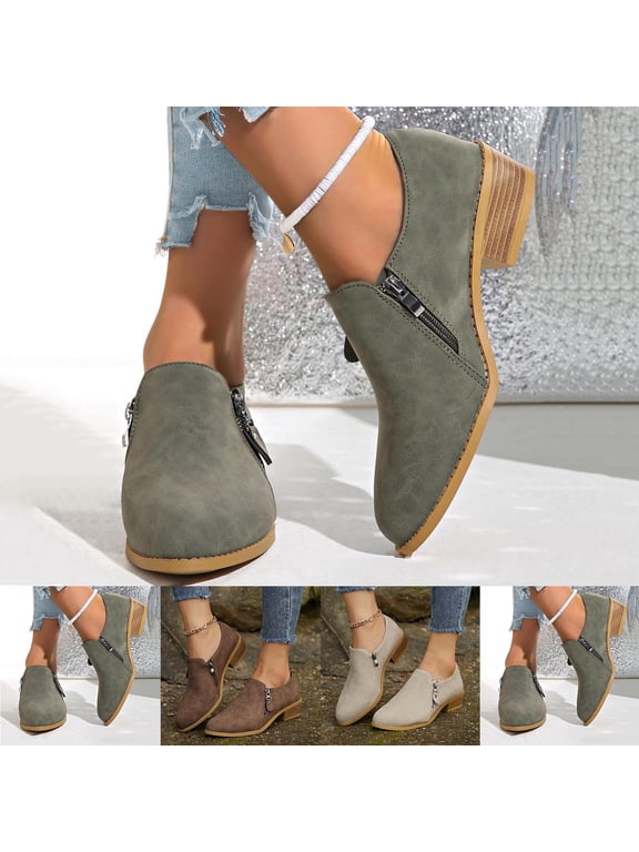 Women Boots Pointy Toe Low Heel Side Zipper Mid Calf Ankle Boots Women Casual Comfort Fashion Booties Short Boots Brown 38