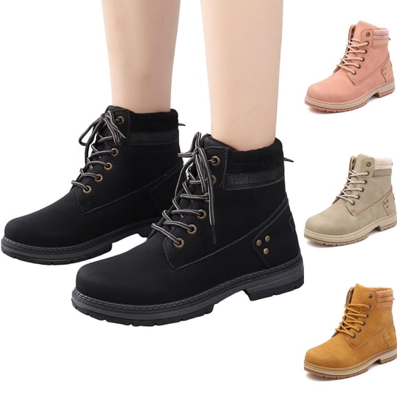 Bmawag Women Boots Round Toe Low Heel Lace-Up Mid Calf Ankle Boots Women Casual Comfort Fashion Booties Short Boots Beige 39