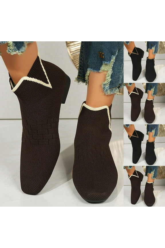 Women Boots Square Toe Low Heel Lightweight Breathable Mid Calf Ankle Sock Boots Women Casual Comfort Fashion Booties Short Boots Coffee 39