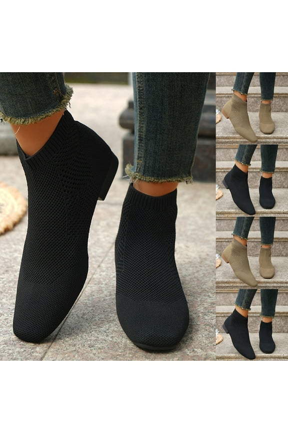 Women Casual Boots Square Toe Chunky Heel Lightweight Breathable Mid Calf Ankle Sock Boots Women Casual Comfort Fashion Booties Short Boots Khaki 41
