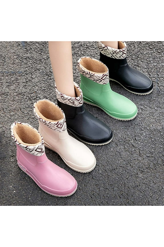 Women Casual Rain Boots Round Toe Flat Heels Non-Slip Waterproof Mid Calf Ankle Warm Boots Women Casual Comfort Fashion Booties Short Boots Black 38