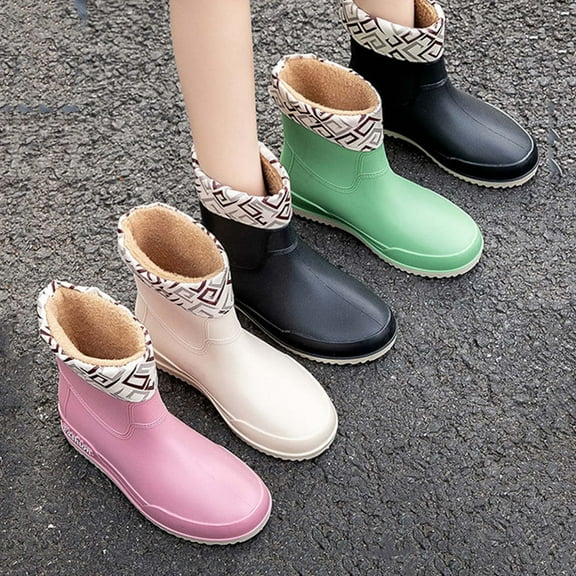 Bmawag Women Casual Rain Boots Round Toe Flat Heels Non-Slip Waterproof Mid Calf Ankle Warm Boots Women Casual Comfort Fashion Booties Short Boots Green 37
