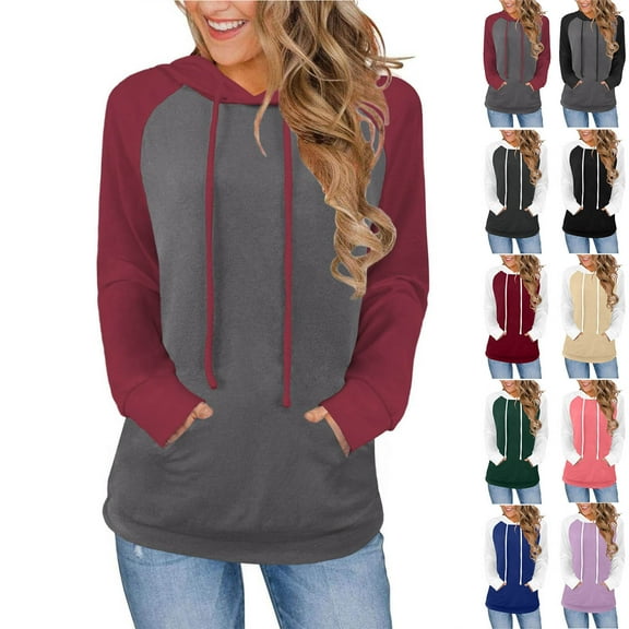 Bmawag Women Hooded Sweatshirt Plus Size Long Sleeve Color Blocking Pullover Tops Women's Comfortable Casual Loose Sweatshirt with Pocket Red XXL