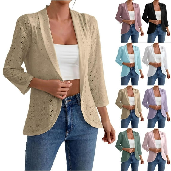 Bmawag Women Lightweight Cardigan Women's Open Front Solid Color Hollow 3/4 Length Sleeve Casual Loose Cardigan Tops Black XL