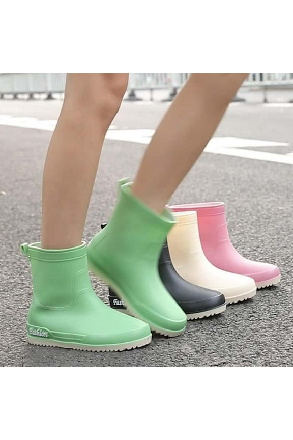 Women Rain Boots Round Toe Flat Heels Non-Slip Waterproof Mid Calf Ankle Boots Women Casual Comfort Fashion Booties Short Boots Beige 36