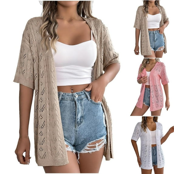 Bmawag Women Short Sleeve Cardigan Sweater Women's Open Front Solid Color Casual Loose Short Sleeve Hollow Knit Cardigan Tops Khaki XL