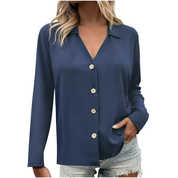 Bmawag Women's Blouses Long Sleeve Crew Neck Plus Size Solid Color Button Up Open Front Shirts Women's Fashion Casual Loose Blouse Gifts for Women Navy M