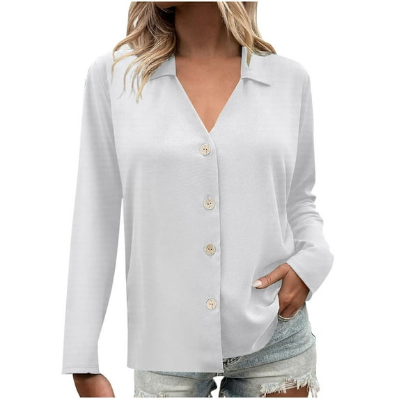 Bmawag Women's Blouses Long Sleeve Crew Neck Plus Size Solid Color Button Up Open Front Shirts Women's Fashion Casual Loose Blouse Gifts for Women White M