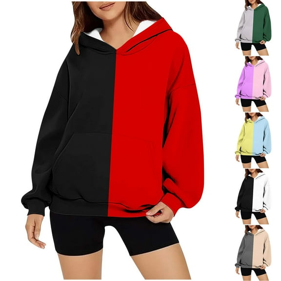 Women's Sweatshirt with Pockets Color Blocked Casual Loose Ladies Blouse Tops Women's Fashion Long Sleeve Hooded Pullover Sweatshirts Winter Clothes Purple XXL