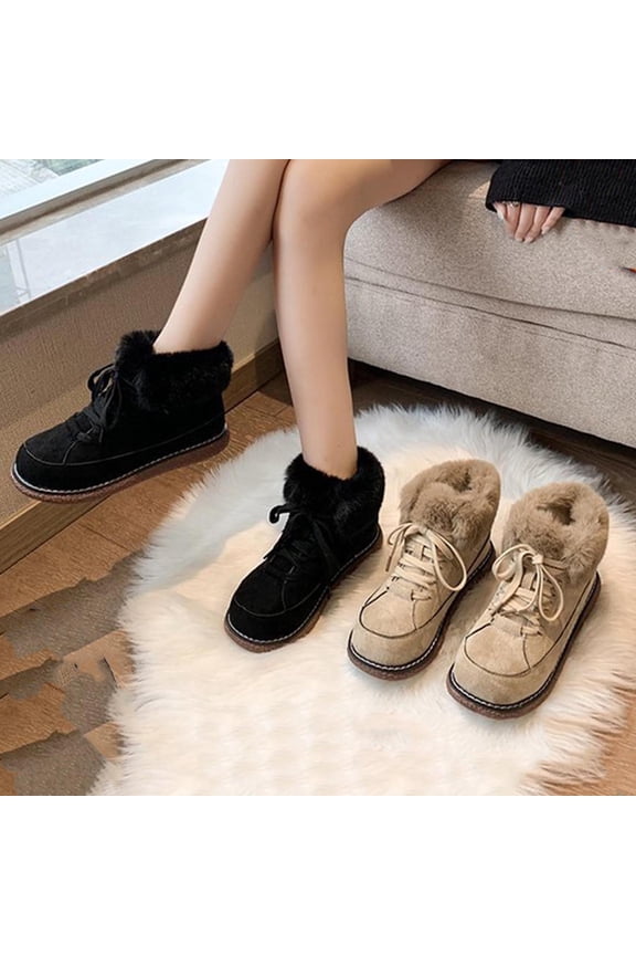 Womens Boots Winter Snow Non-Slip Round Toe Flat Heels Lace-Up Mid Calf Ankle Warm Boots Women Casual Comfort Fashion Booties Short Boots Beige 41