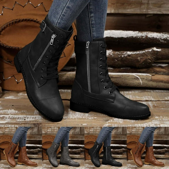 Bmawag Womens Boots Low Heel Round Toe Side Zipper Lace-Up Mid Calf Boots Women Flat Heel Waterproof Spring Autumn Comfort Fashion Short Boots Gray 41