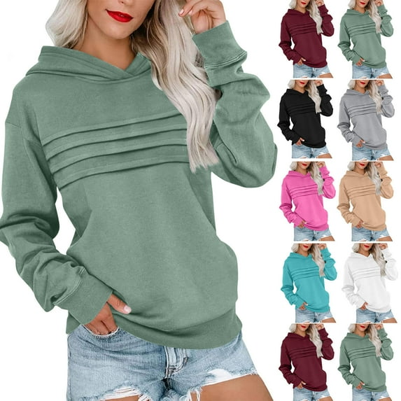 Bmawag Womens Hoodies Plus Size Long Sleeve Pleated Solid Color Lightweight Pullover Tops Casual Loose Drawstring Sweatshirt with Pockets Khaki 3XL