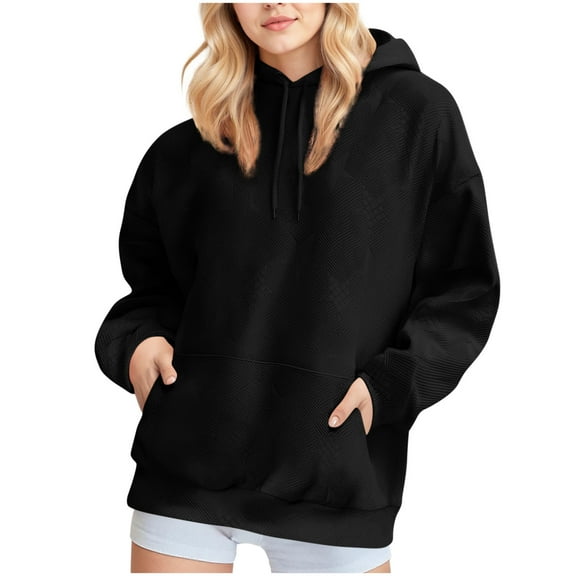 Bmawag Womens Tops Long Sleeve Hooded Plus Size Solid Color Front Pockets Pullover Blouses Women's Fashion Casual Loose Blouse Gifts for Women Black M