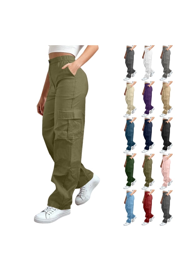 Womens Trousers with Pockets Plus Size Leisure Sport Yoga Pants Elastic Waist Casual Loose Fit Solid Color Long Pants for Women