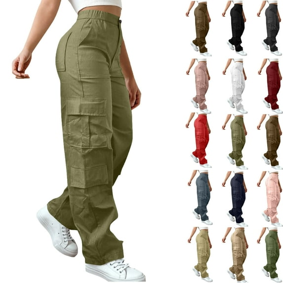 Bmawag Womens Trousers with Pockets Plus Size Leisure Sport Yoga Pants Elastic Waist Casual Loose Fit Solid Color Long Pants for Women Army Green M