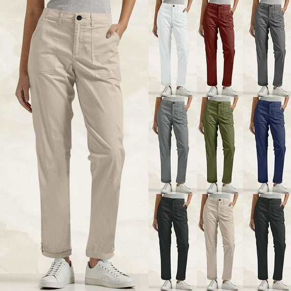 Bmawag Womens Trousers with Pockets Plus Size Leisure Sport Yoga Pants Elastic Waist Casual Loose Fit Solid Color Long Pants for Women Beige M