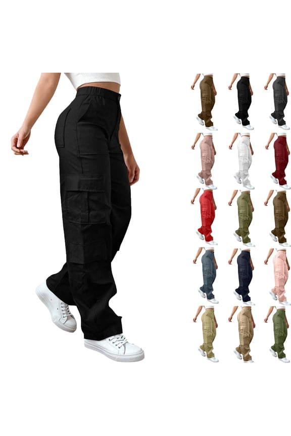 Womens Trousers with Pockets Plus Size Leisure Sport Yoga Pants Elastic Waist Casual Loose Fit Solid Color Long Pants for Women Black XXL
