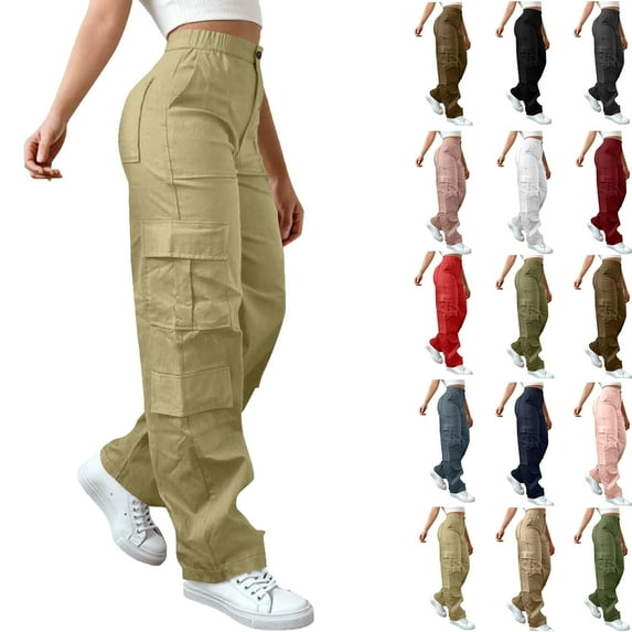 Bmawag Womens Trousers with Pockets Plus Size Leisure Sport Yoga Pants Elastic Waist Casual Loose Fit Solid Color Long Pants for Women Khaki M