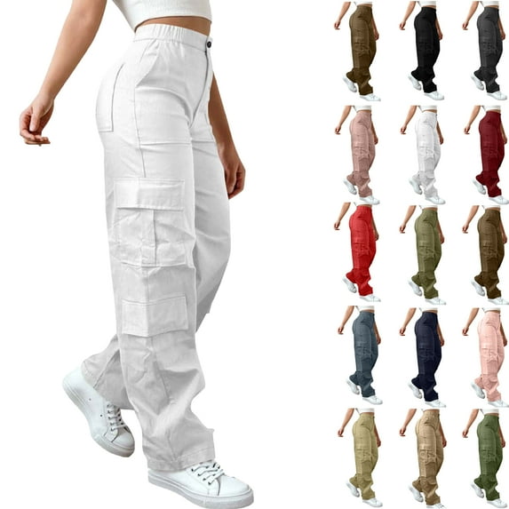 Bmawag Womens Trousers with Pockets Plus Size Leisure Sport Yoga Pants Elastic Waist Casual Loose Fit Solid Color Long Pants for Women White L