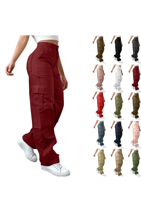 Womens Trousers with Pockets Plus Size Leisure Sport Yoga Pants Elastic Waist Casual Loose Fit Solid Color Long Pants for Women Wine S