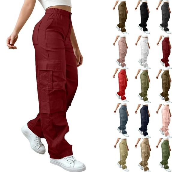 Bmawag Womens Trousers with Pockets Plus Size Leisure Sport Yoga Pants Elastic Waist Casual Loose Fit Solid Color Long Pants for Women Wine XXL