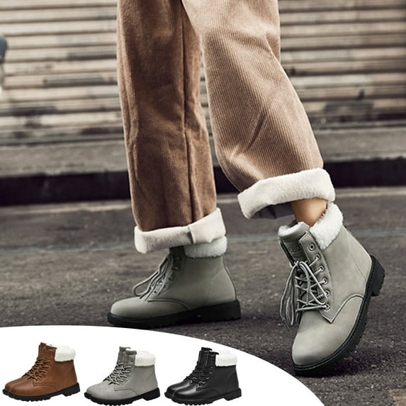 Bmawag Womens Winter Snow Boots Round Toe Low Heel Lace-Up Mid Calf Winter Velvet Ankle Boots Women Casual Comfort Fashion Booties Short Boots Gray 41