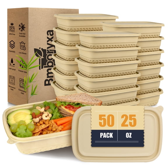 Bmboryxa Bamboo-Powder Meal Prep Containers with Lids, 50 Pack 25oz Food Containers