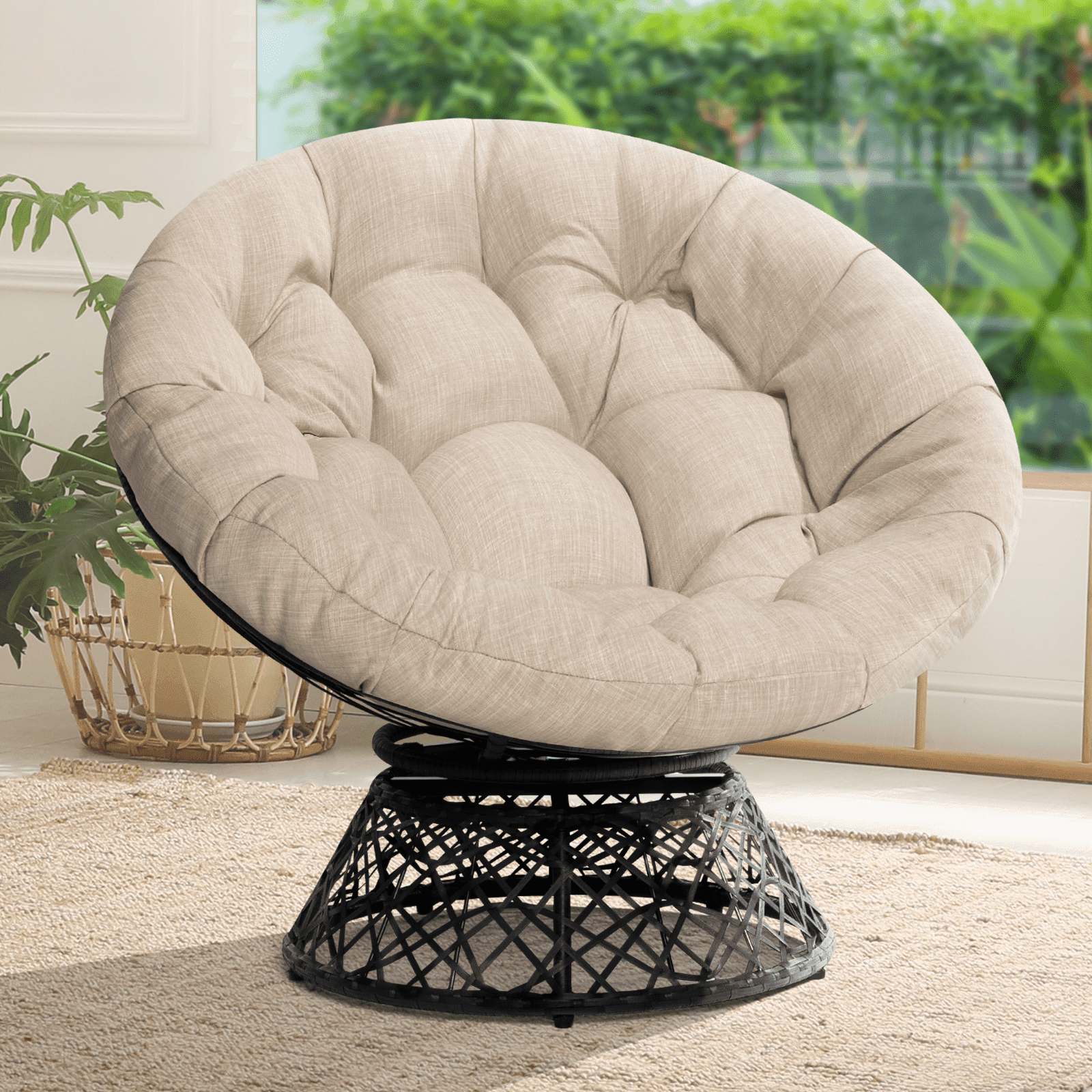 360 Swivel Comfy Papasan Chair with Fabric Cushion, Cream Vanilla - Black Frame