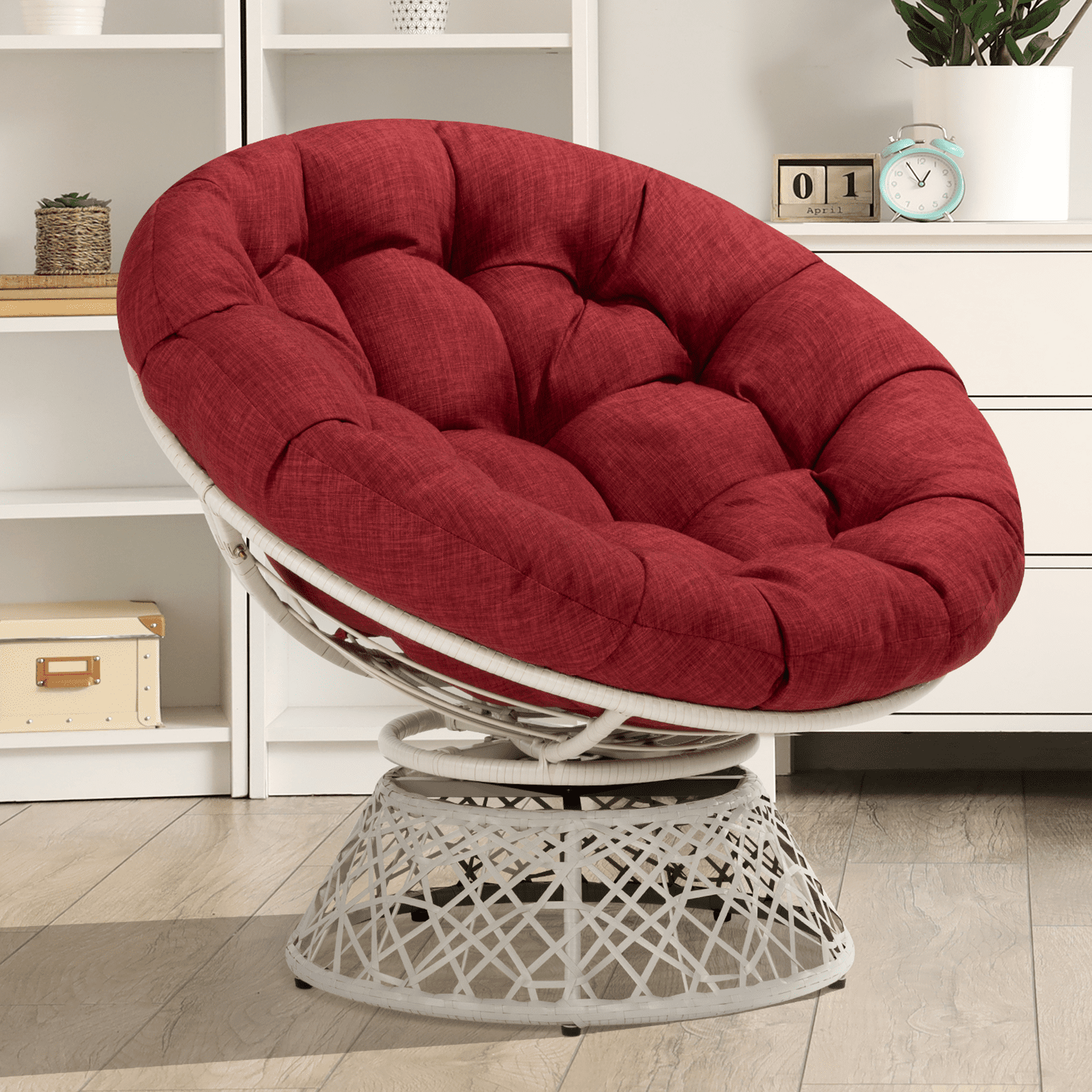 AILE 360 Swivel Ergonomic Papasan Chair with Comfy Cushion and Sturdy Metal Frame for Living, Bedroom, Reading Room, Lounge (Cherry Sangria - White Frame)