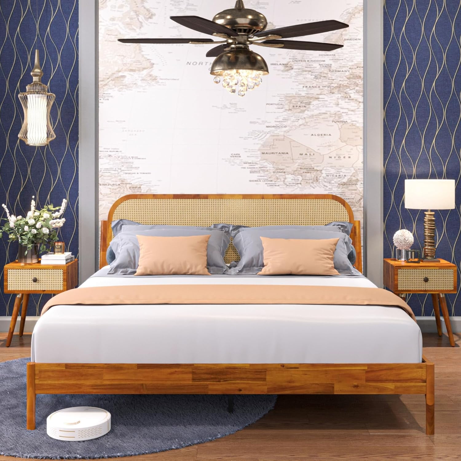 Aurelia King Solid Wood Bed Frame with Rattan Headboard - Bohemian & Mid Century Modern Style - Wood Slat Support - No Box Spring Needed - Easy Assembly - Caramel