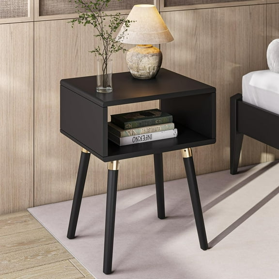 Bme Dinkee Solid Wood Nightstand, Fully Assembled, Without Drawer for Mid Century Bedroom and Living Room, Black